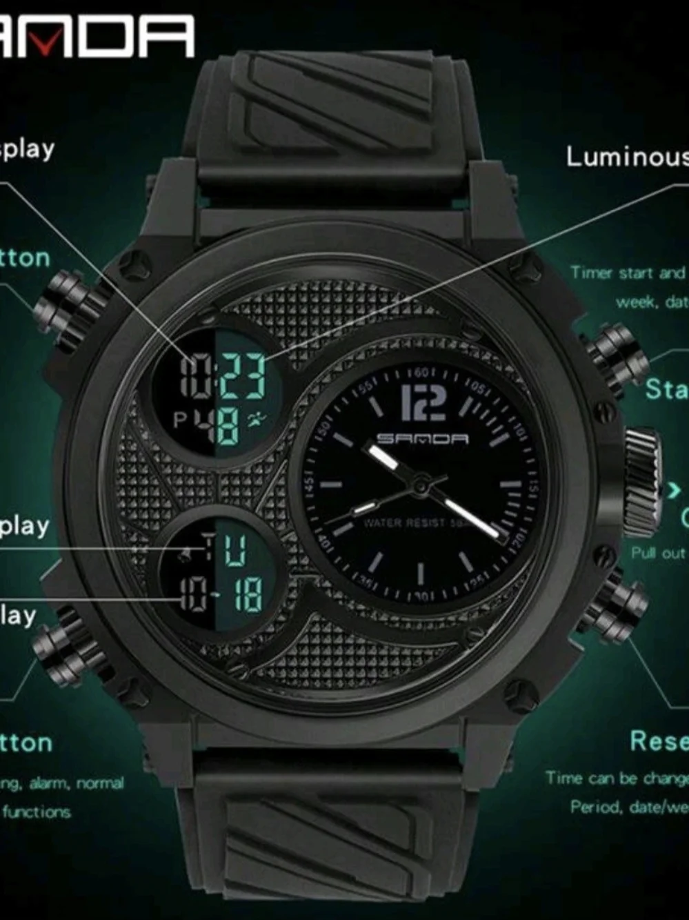 Men's Digital Analog Watch with Dual Time Zones, Stopwatch, Alarm, Countdown